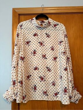 Modcloth Cream Mock Neck Long-Sleeve Blouse with Red Floral Print